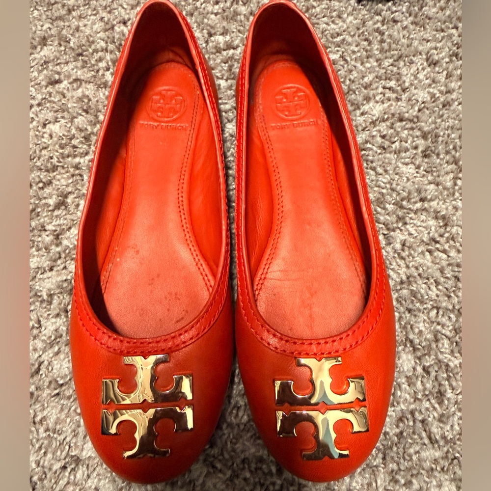Tory Burch Orange Leather Logo Ballet Flats